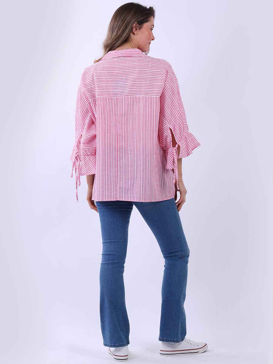 Women Stripy Print Collared Neck Cotton Shirt