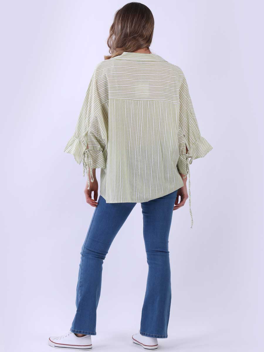 Women Stripy Print Collared Neck Cotton Shirt