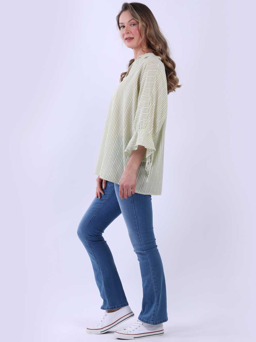 Women Stripy Print Collared Neck Cotton Shirt