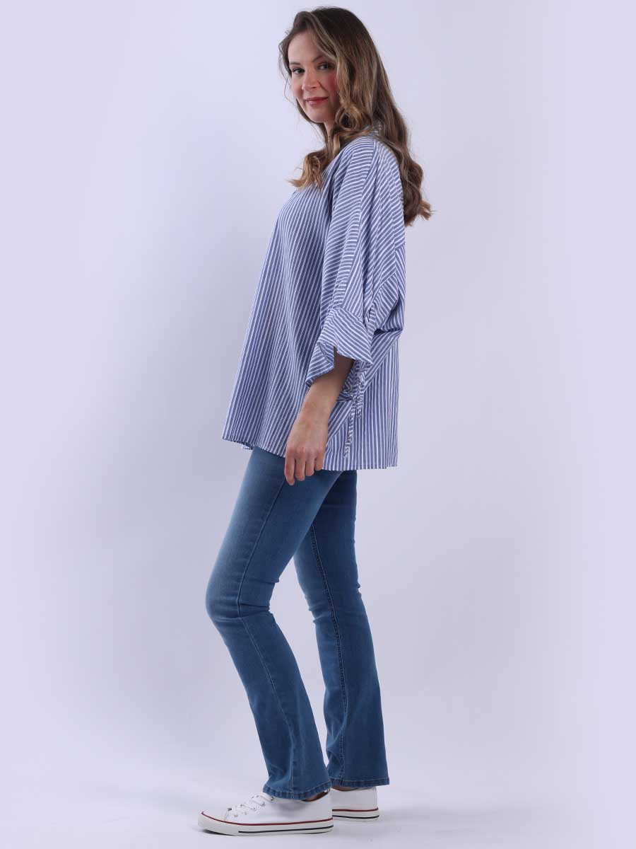 Women Stripy Print Collared Neck Cotton Shirt