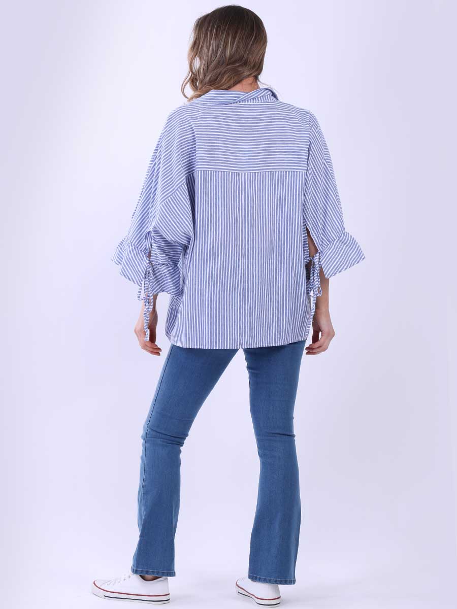 Women Stripy Print Collared Neck Cotton Shirt
