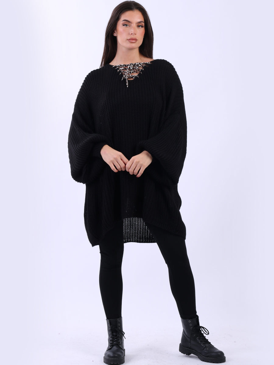 Oversized Drawstring V-Neck Baggy Knitted Sweater