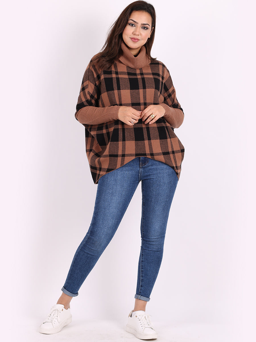 Check Print Cowl Neck Batwing Knitted Jumper