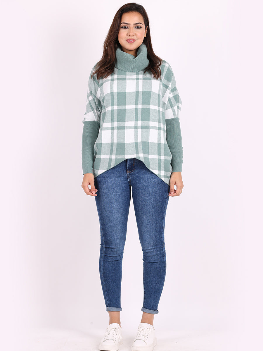 Check Print Cowl Neck Batwing Knitted Jumper