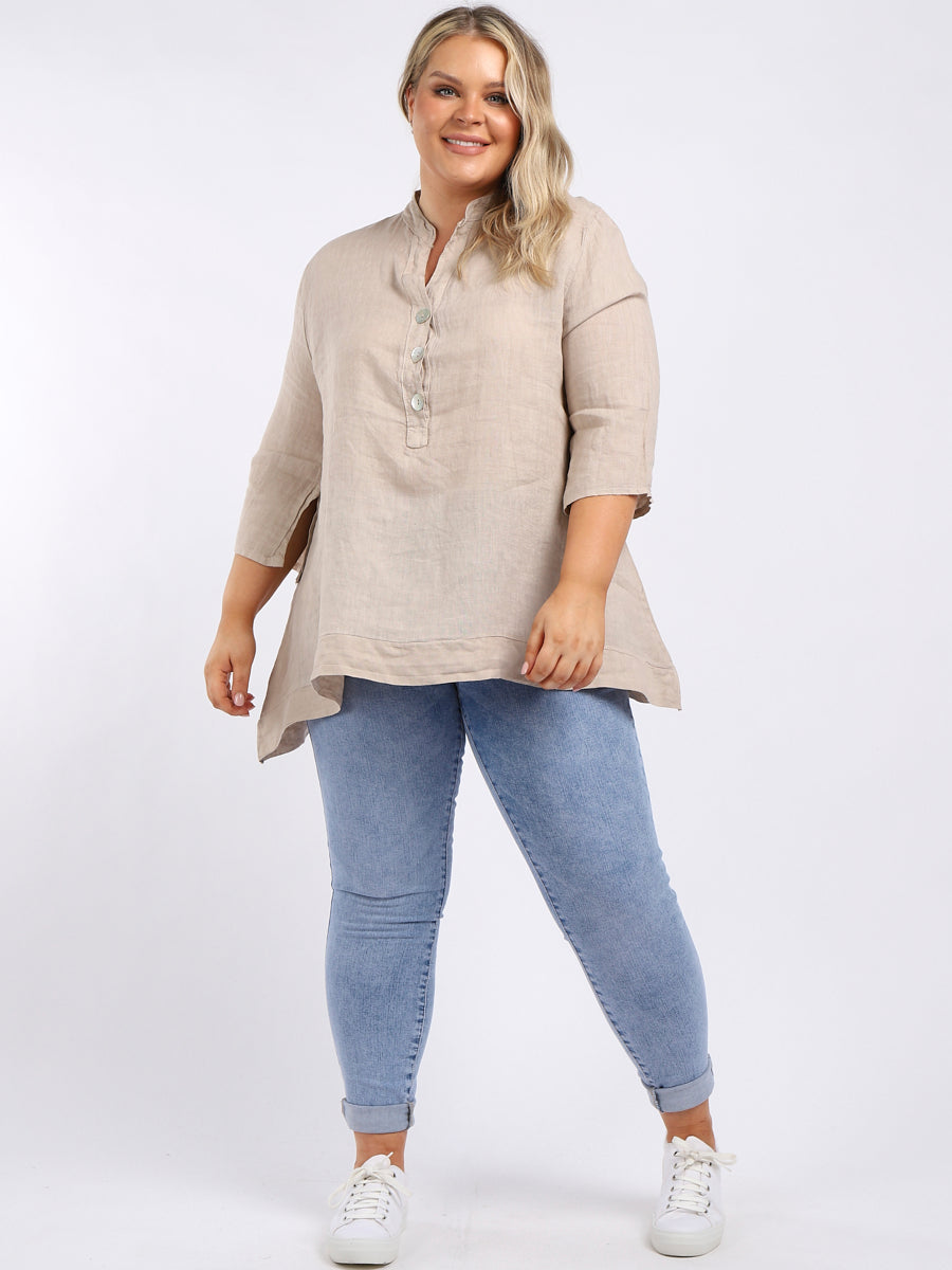 Plain Casual Button Neck Oversized Linen Top
