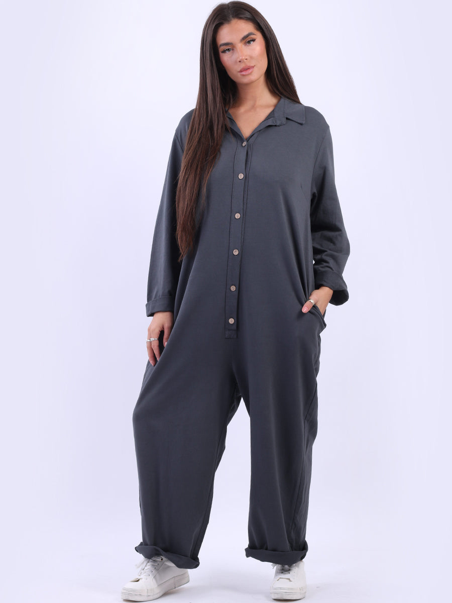 Ladies Button Down High Waist Cotton Jumpsuit