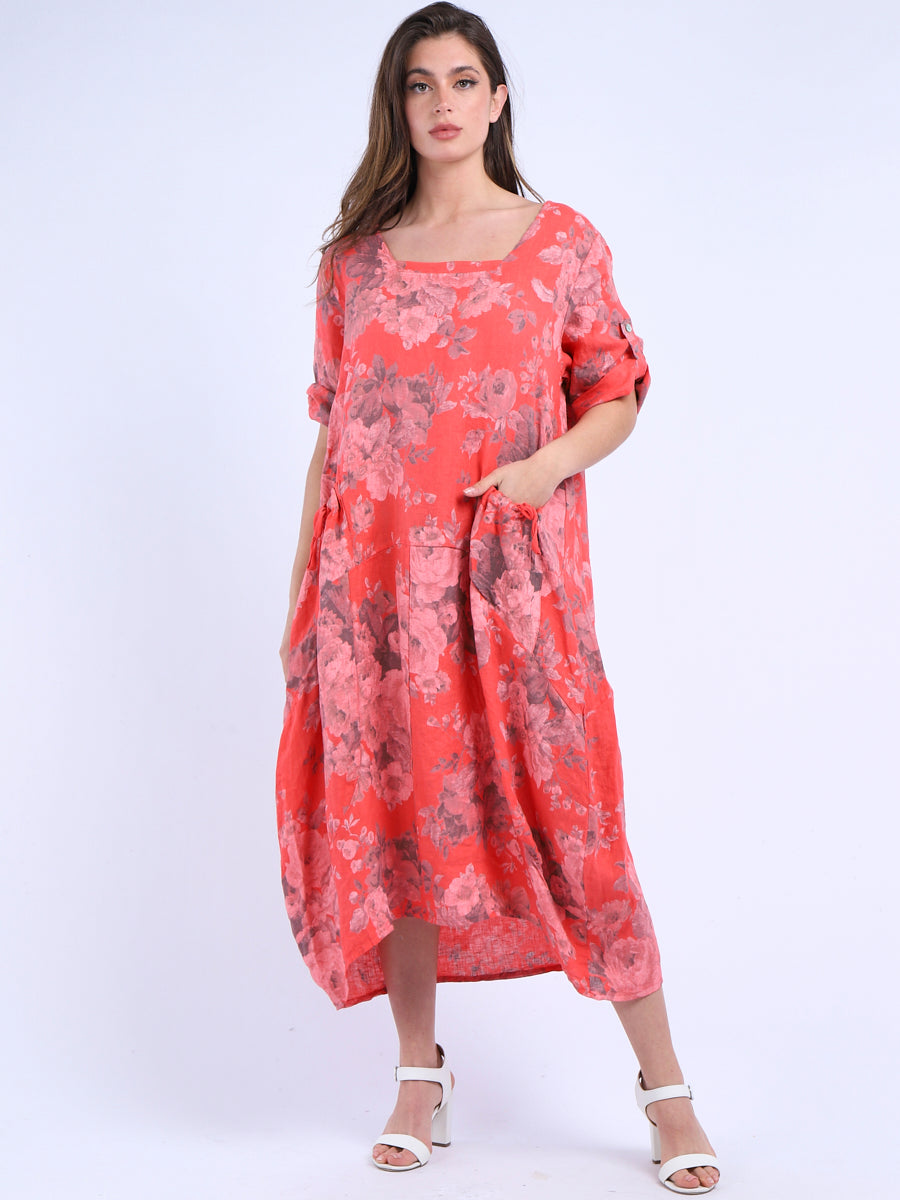 Ladies Linen Floral Summer Midi Dress