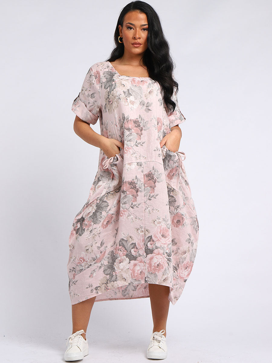 Ladies Linen Floral Summer Midi Dress