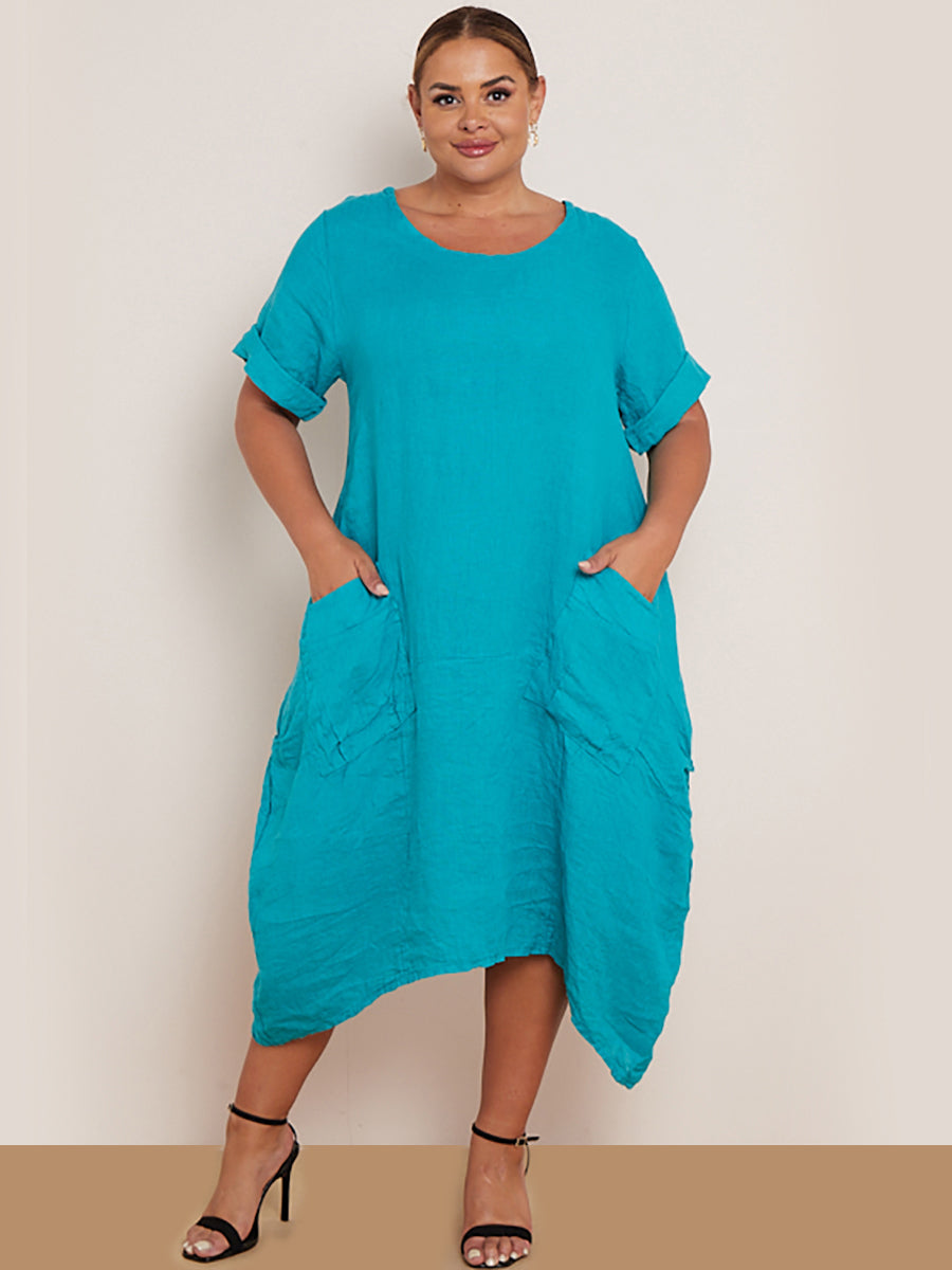 Ladies Front Pockets Plain Linen Dress