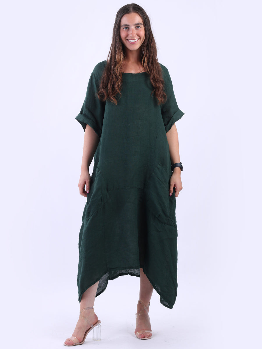 Ladies Front Pockets Plain Linen Dress