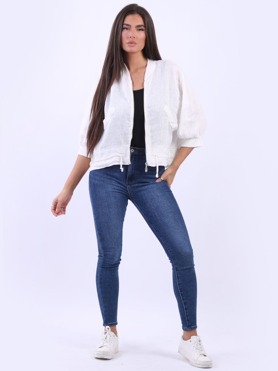 Front Zip Ladies Linen Ribbed Crop Jacket
