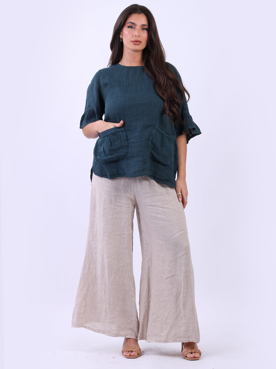 Frilled Sleeves Plain Baggy Linen Top