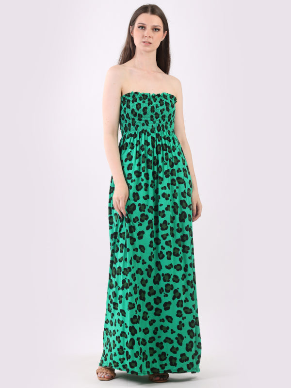 Shirred Leopard Print Tube Maxi Dress