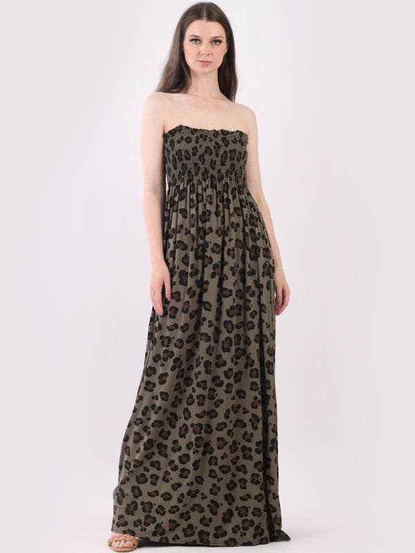 Shirred Leopard Print Tube Maxi Dress