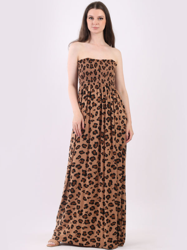 Shirred Leopard Print Tube Maxi Dress
