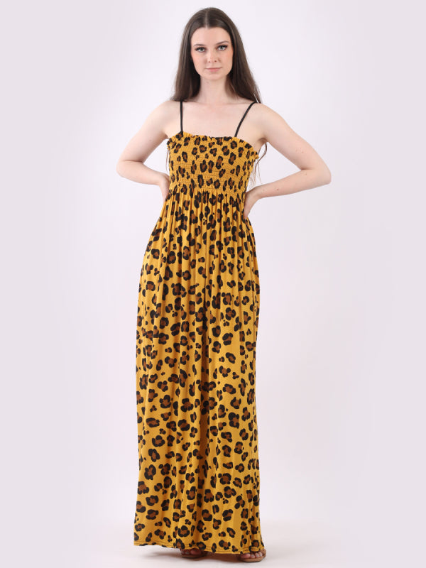 Shirred Leopard Print Tube Maxi Dress