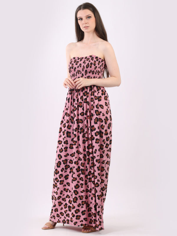 Shirred Leopard Print Tube Maxi Dress