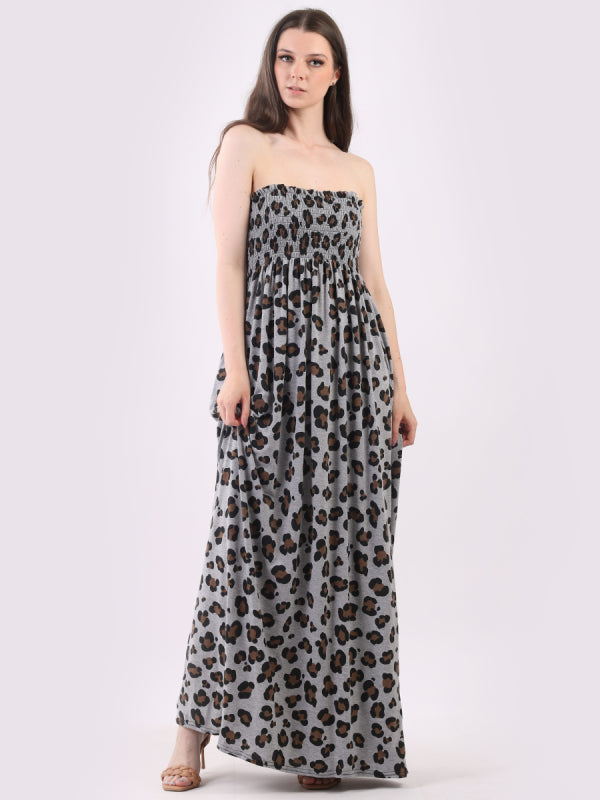 Shirred Leopard Print Tube Maxi Dress