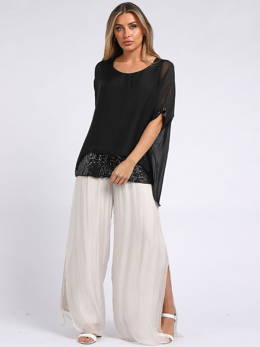Plain Silk Tunic Top Black