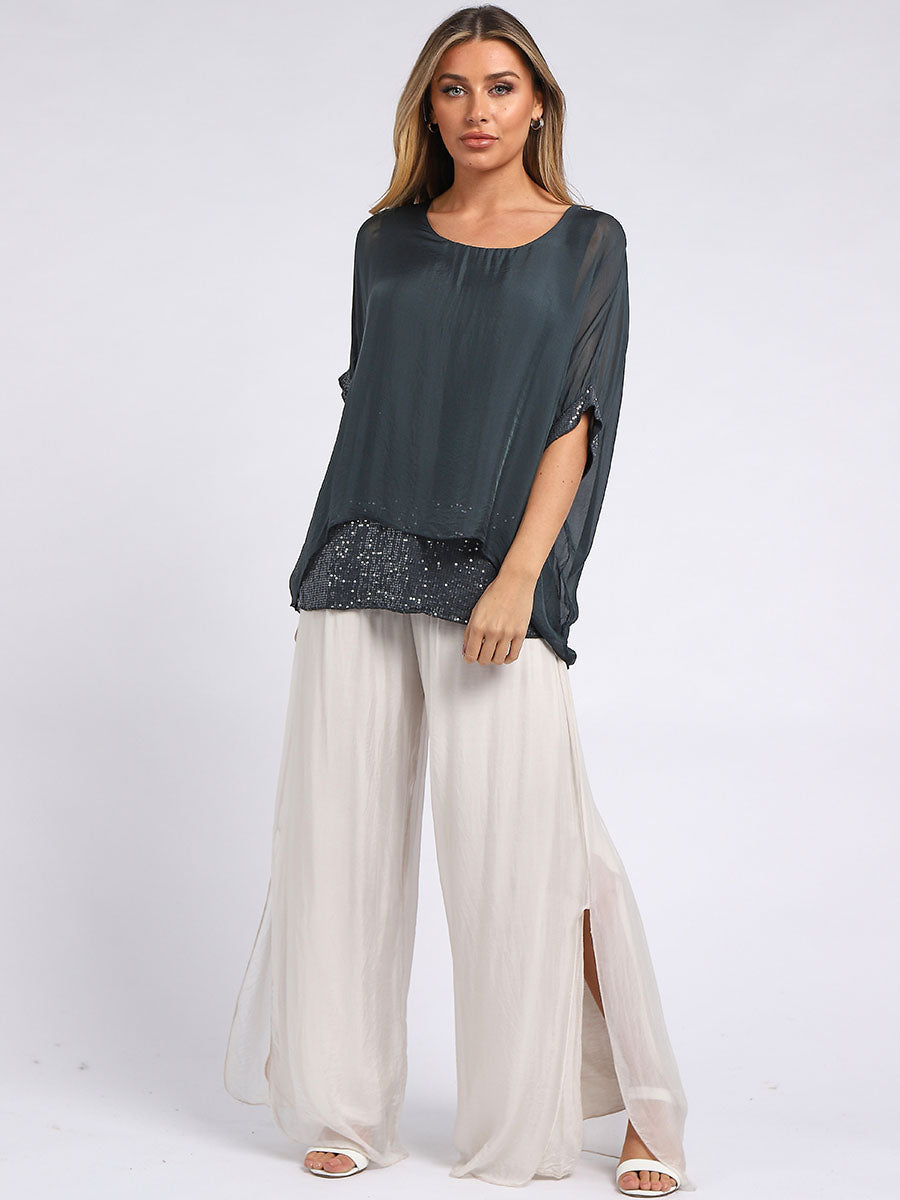 Plain Silk Tunic Top Charcoal