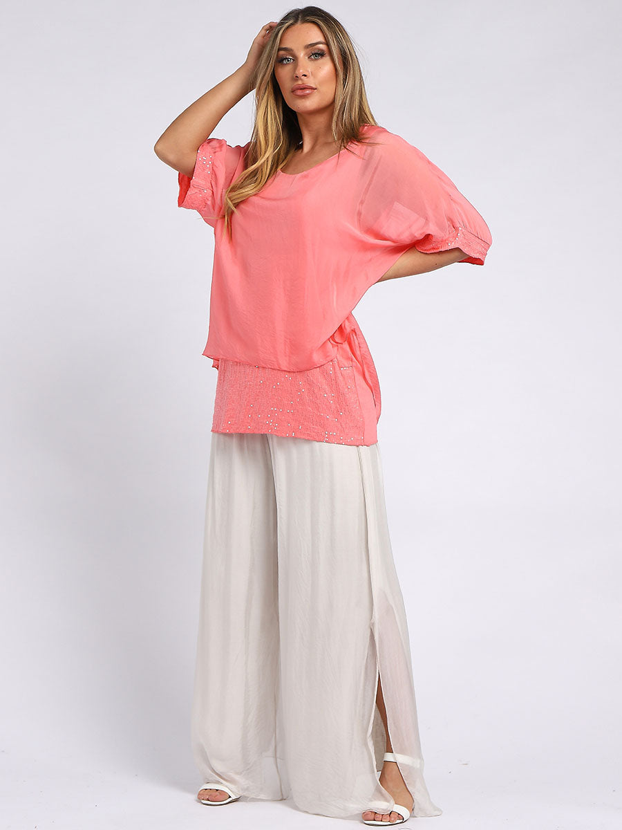Plain Silk Tunic Top Coral