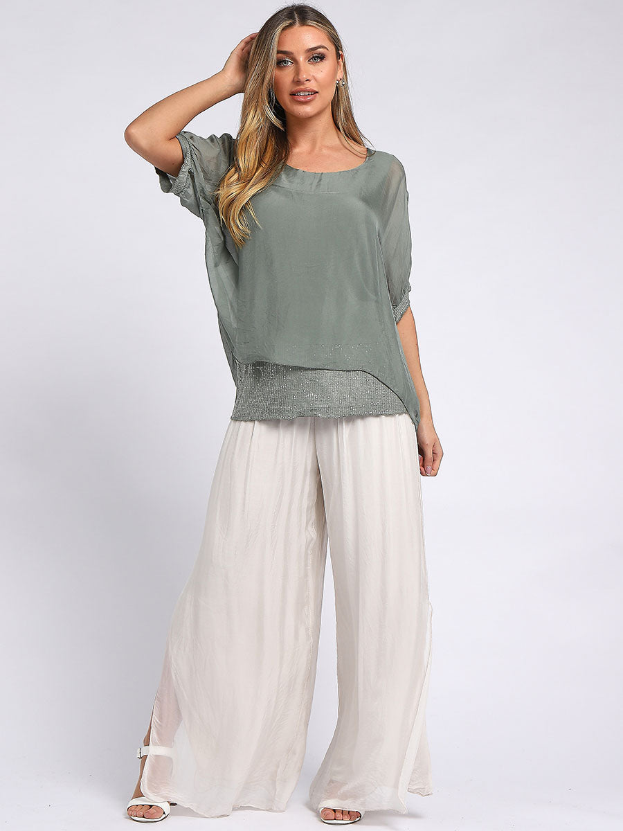 Plain Silk Tunic Top Khaki
