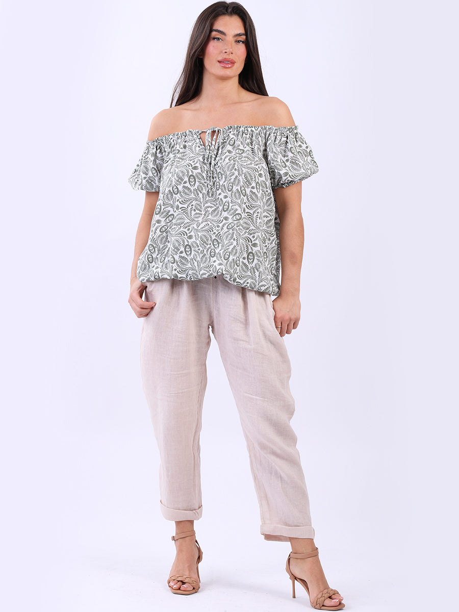 Tropical Print Bardot Off-Shoulder Top