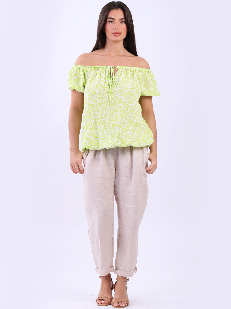 Tropical Print Bardot Off-Shoulder Top