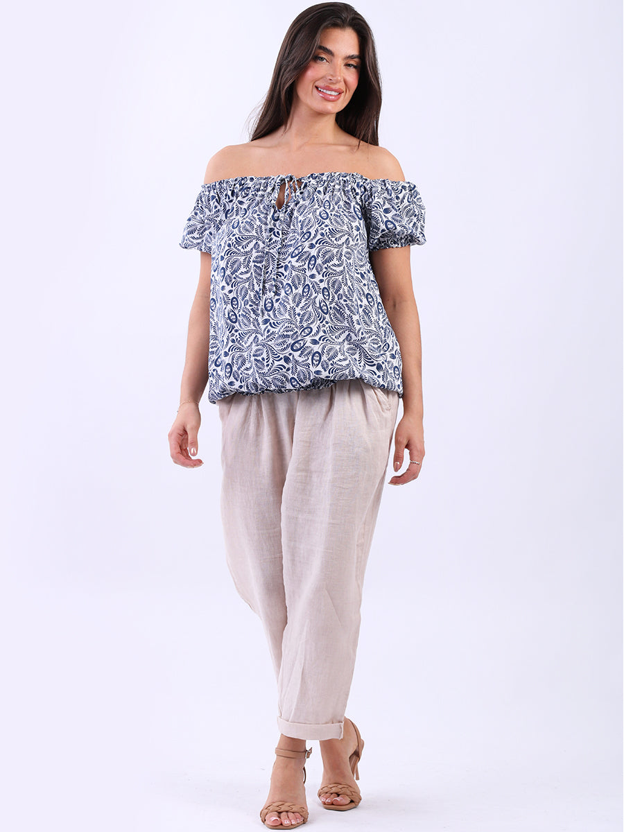 Tropical Print Bardot Off-Shoulder Top