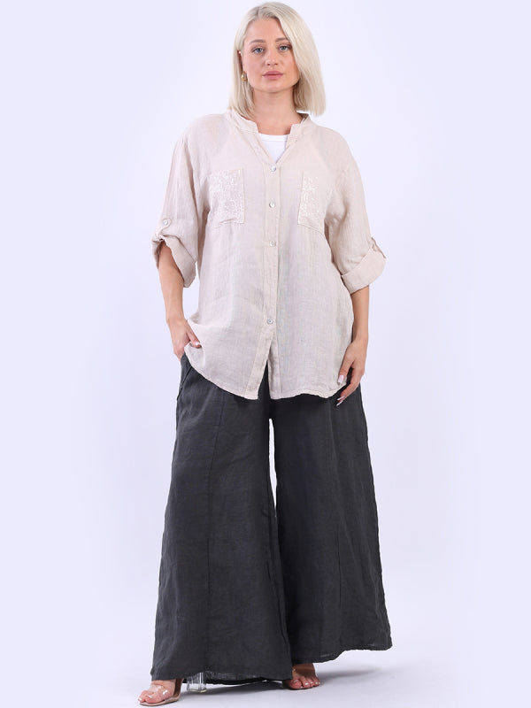 Italian Button Down Sequin Linen Shirt Top