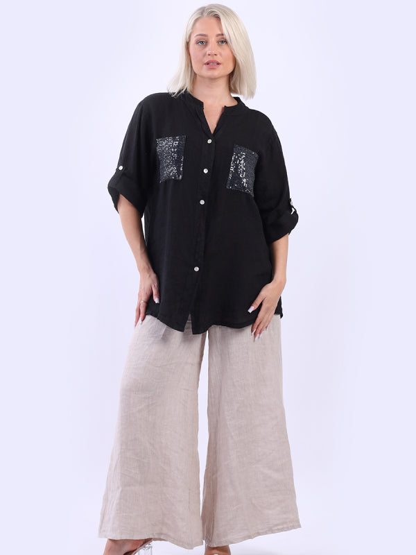 Italian Button Down Sequin Linen Shirt Top