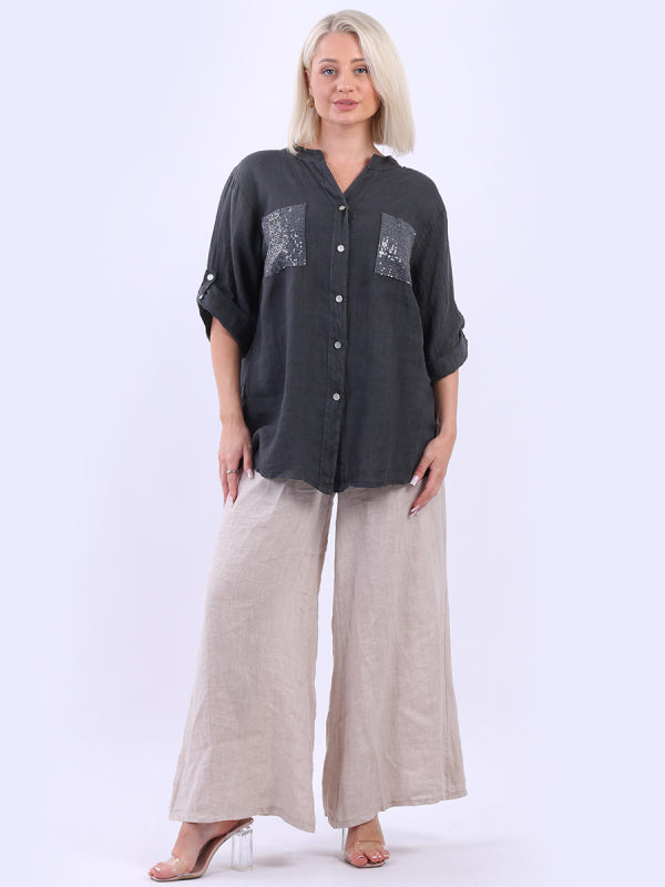 Italian Button Down Sequin Linen Shirt Top