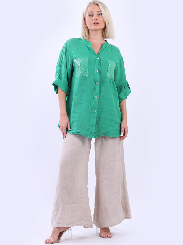 Italian Button Down Sequin Linen Shirt Top