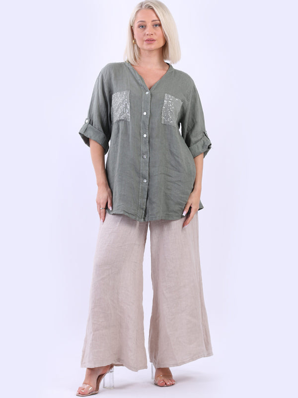 Italian Button Down Sequin Linen Shirt Top
