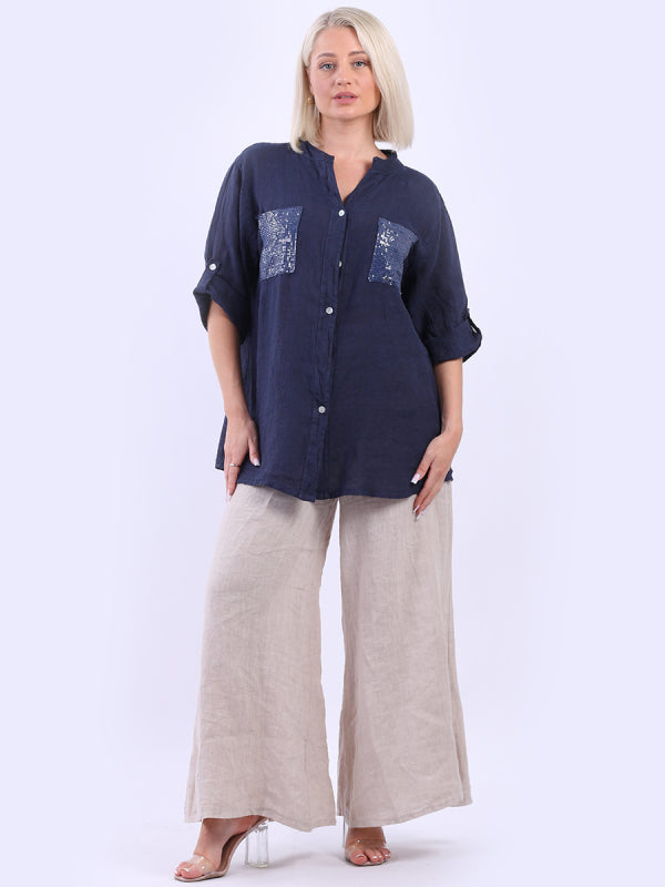 Italian Button Down Sequin Linen Shirt Top