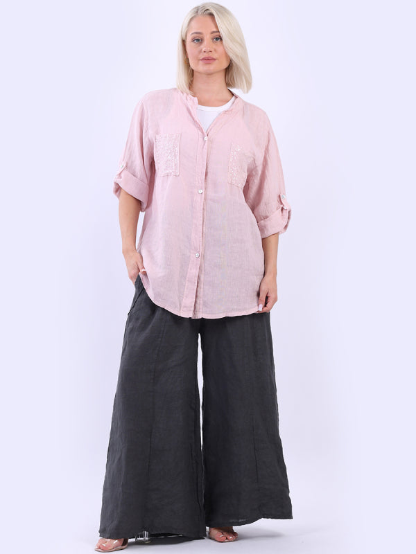 Italian Button Down Sequin Linen Shirt Top