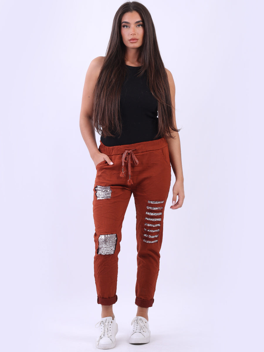 Italian Ladies Plain Sequin Ripped Magic Pant