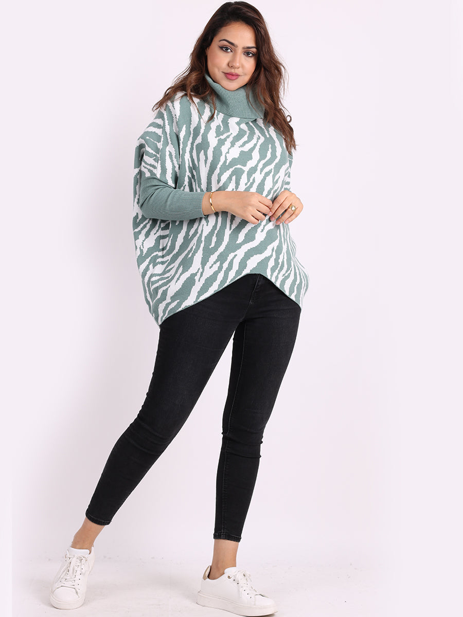 Zebra Print Cowl Neck Batwing Knitted Jumper
