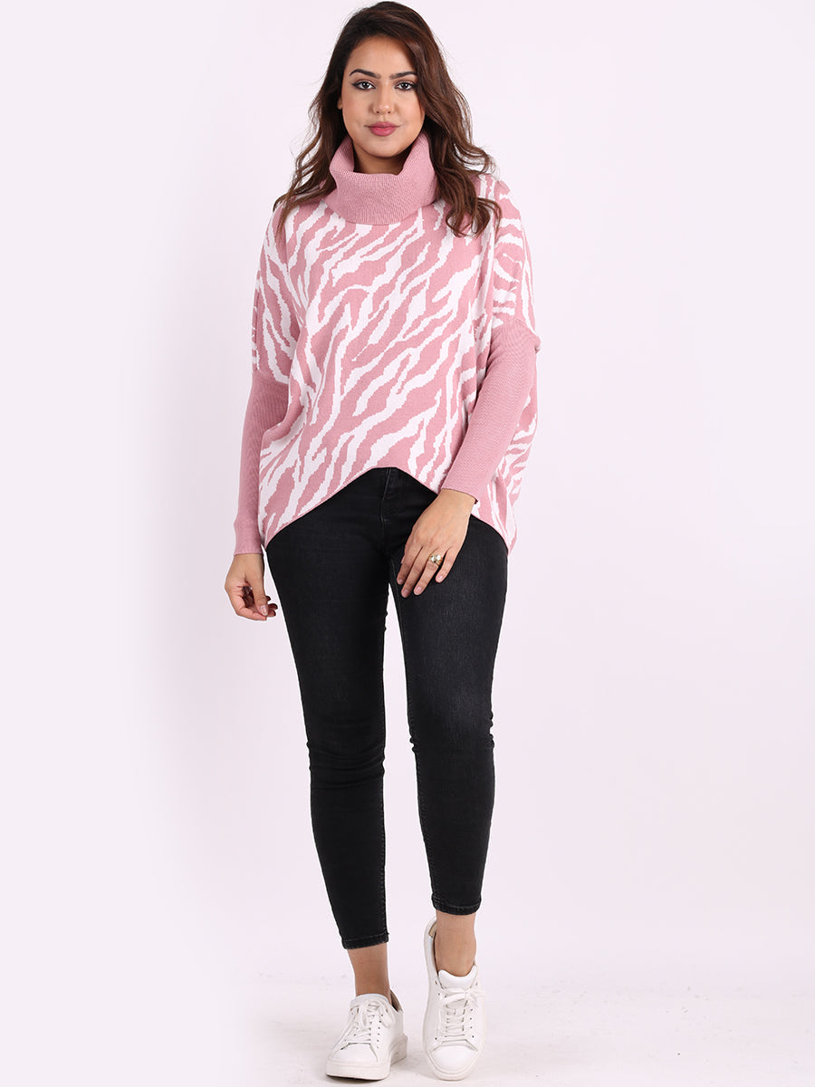 Zebra Print Cowl Neck Batwing Knitted Jumper