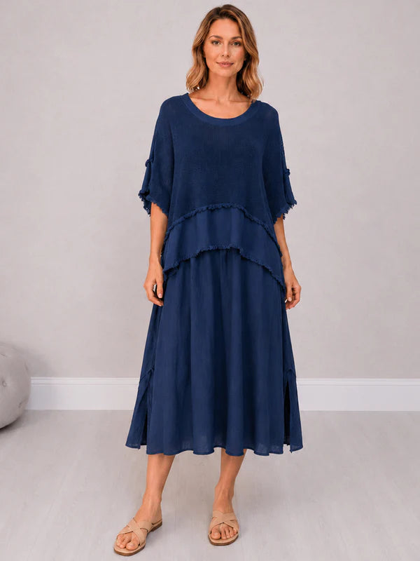 2 Layered Hopsack Mesh Net Cotton Dress