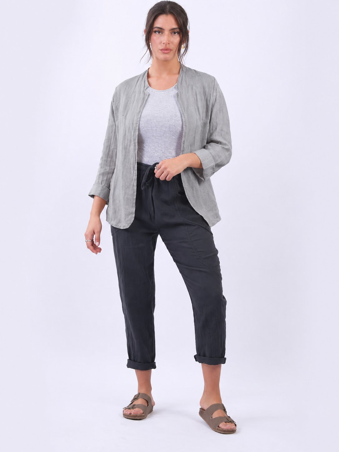 Ladies Open Front Solid Linen Jacket