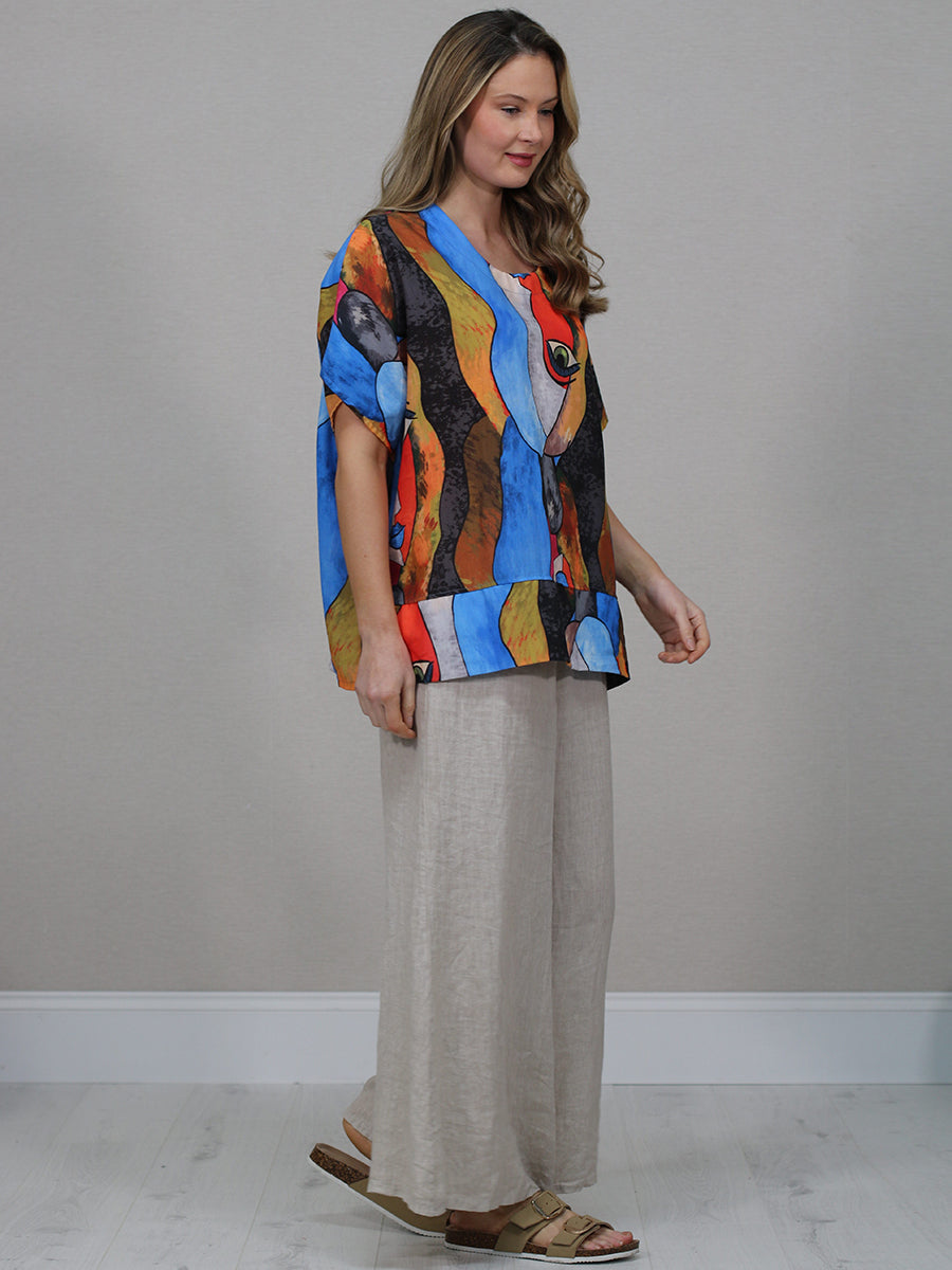 Made In Italy Multicolor Face Print Linen Top