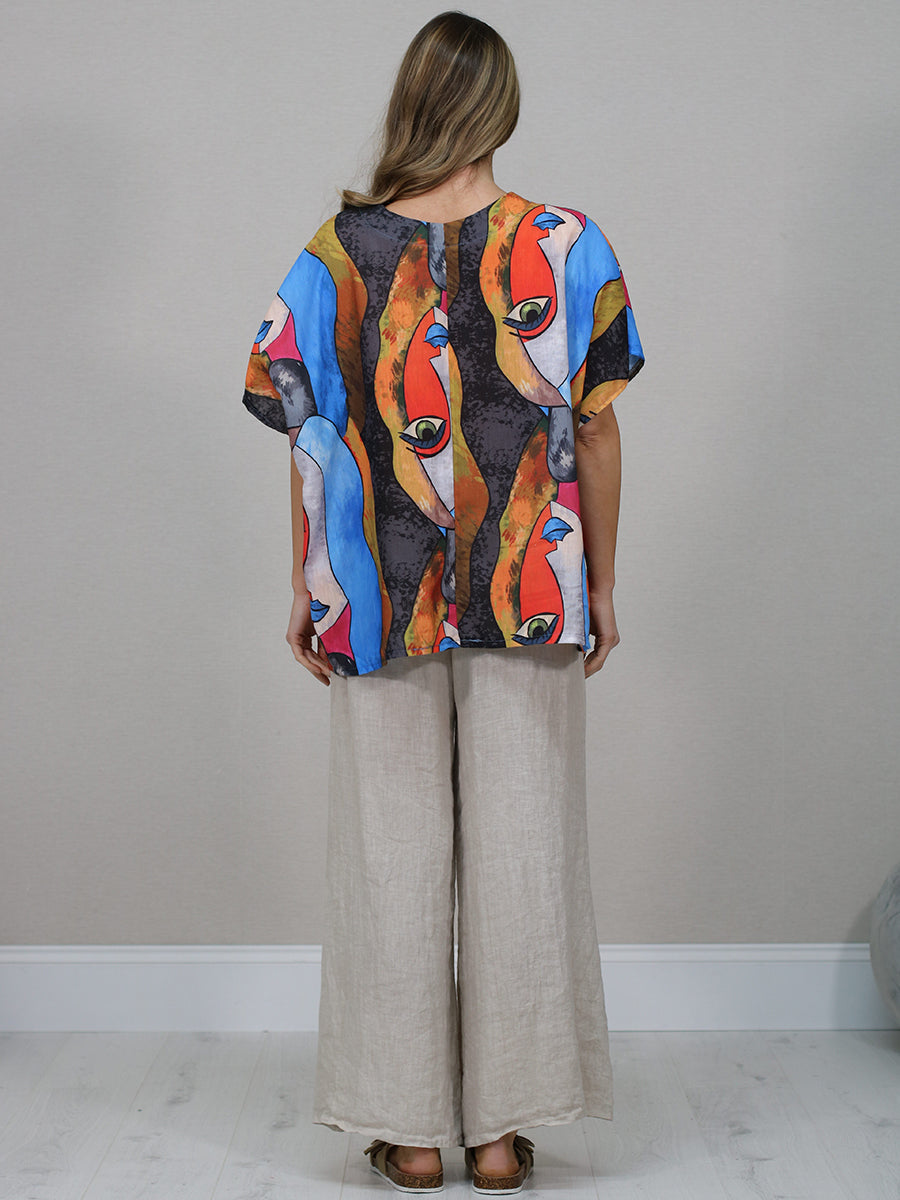 Made In Italy Multicolor Face Print Linen Top
