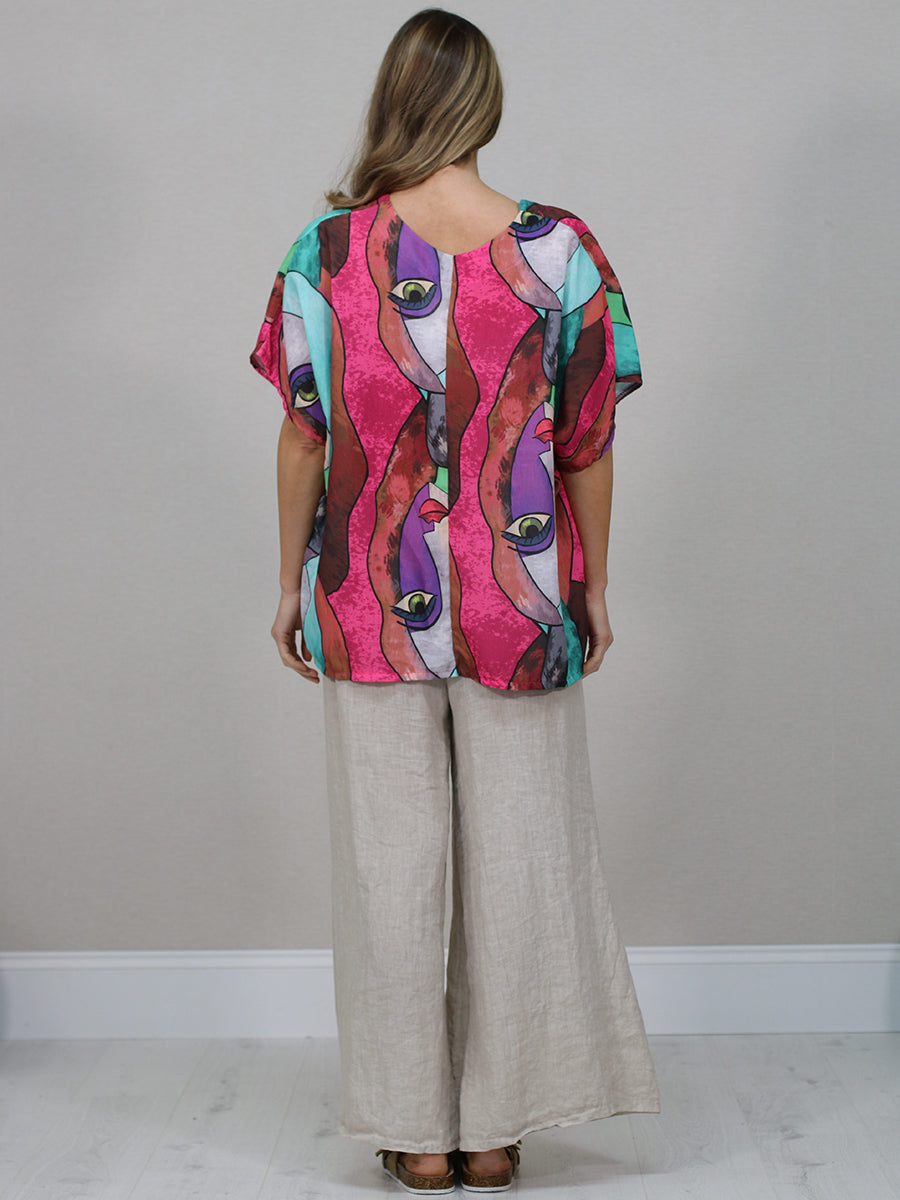 Made In Italy Multicolor Face Print Linen Top