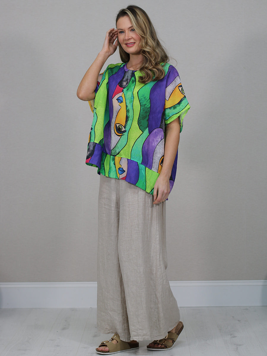 Made In Italy Multicolor Face Print Linen Top