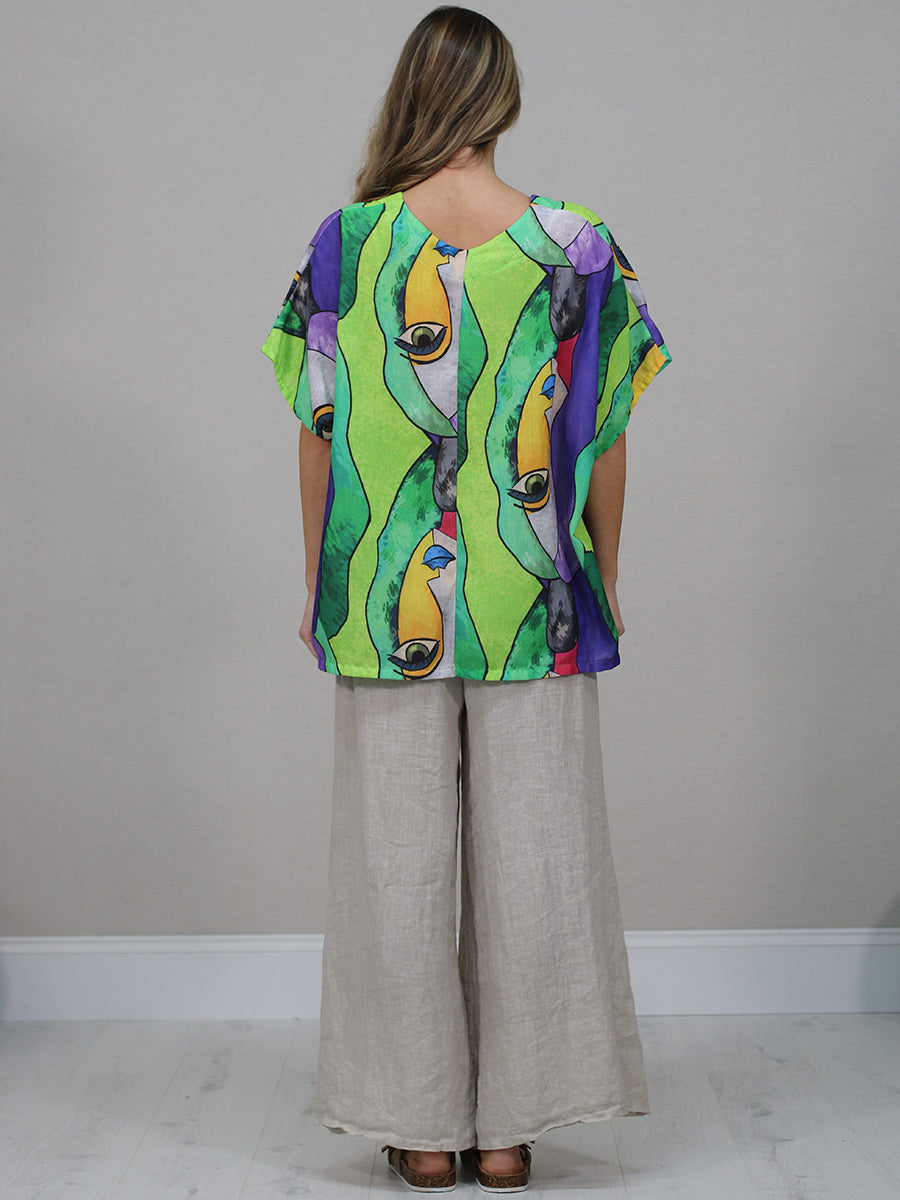 Made In Italy Multicolor Face Print Linen Top