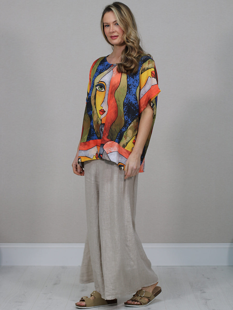 Made In Italy Multicolor Face Print Linen Top