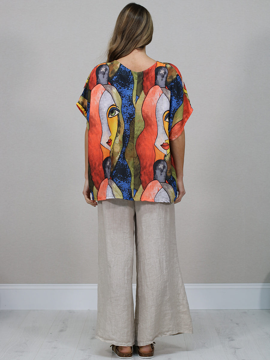 Made In Italy Multicolor Face Print Linen Top