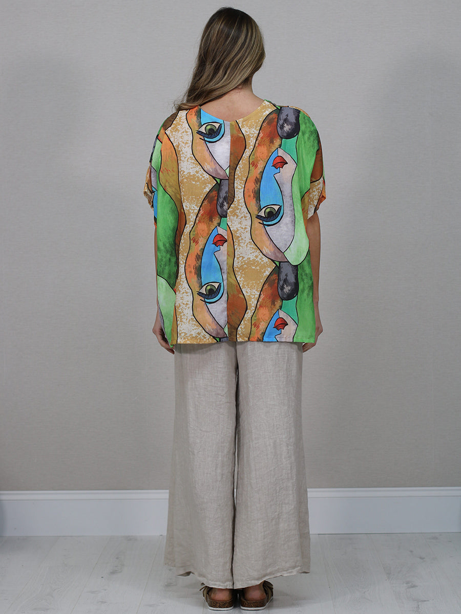 Made In Italy Multicolor Face Print Linen Top