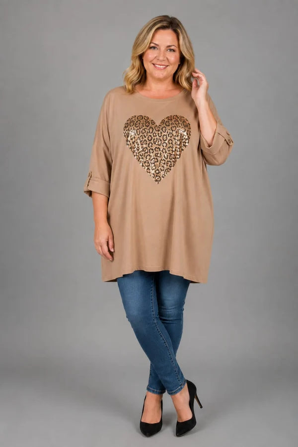 Sequin Heart Oversized Batwing Top Camel